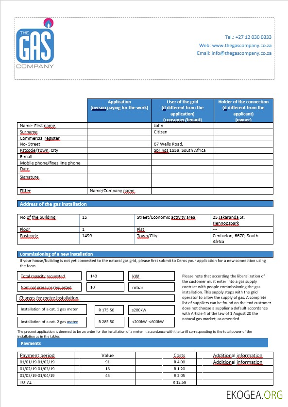 South Africa the gas company gas bill in word format template